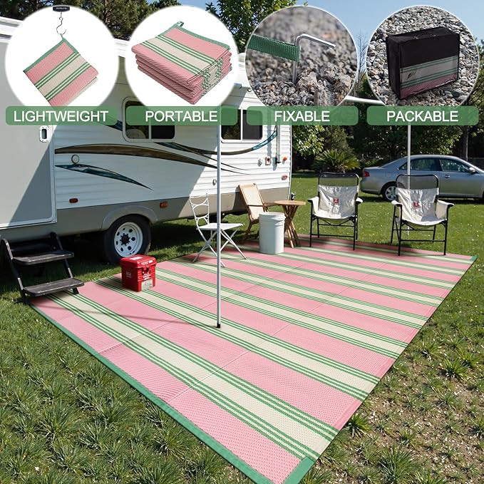 Lahome Striped Outdoor Plastic Straw Rug, Reversible Outdoor Rug Waterproof 9x12 Rugs for Patio, RV Camping Rug Picnic Mat Outside Large Carpet for Beach Deck Backyard Balcony(Pink/Green,9'x 12')