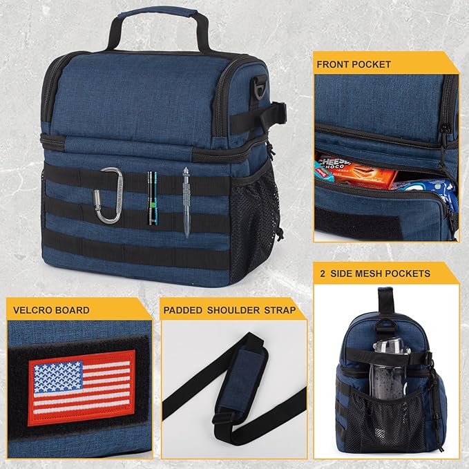 ATRIPACK 2 Compartment Lunch Bag for Men Adult, Tactical Lunch Box Leakproof Insulated Large Cooler Bag for Work with Adjustable Shoulder Strap Flag Double Layer Lunch Pail（Blue）