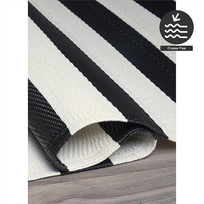 FH Home Outdoor Camping Rug - Waterproof, Fade Resistant, Reversible - Premium Recycled Plastic - Striped - Picnic, Patio, Deck, Sunroom, RV - Brittany Stripe - Black & White - 4 x 6 ft Foldable