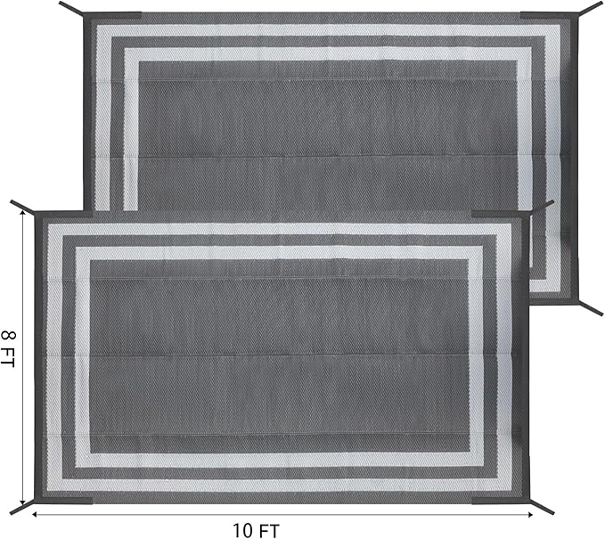 8'x 10' Outdoor Rug,Waterproof Reversible Patio Rugs,8x10 ft Plastic Straw Outdoor Carpet Foldable Plastic Camping Mat for Outside RV, Patio,Picnic,Camper,Balcony,Porch(Gray&White)