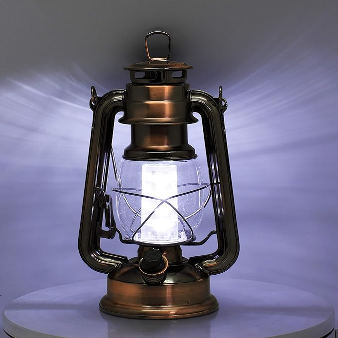 YAKii LED Vintage Lantern Metal Hanging Hurricane Lantern 12 LED Dimmer Switch Cold White Battery Operated Lantern Power Outage Indoor Camping Lighting Outdoor Brooklyn Lantern (Copper 2 Pack)