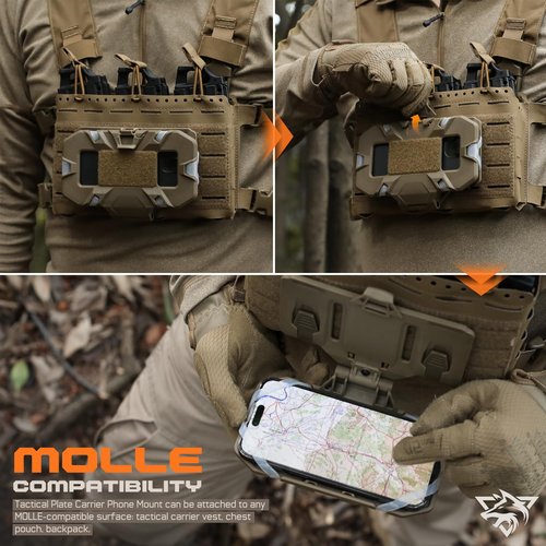 WYNEX Tactical Plate Carrier Phone Mount Molle Vest Accessories Cell Phone Chest Holder for Screen Size 4.7"-6.7",Khaki