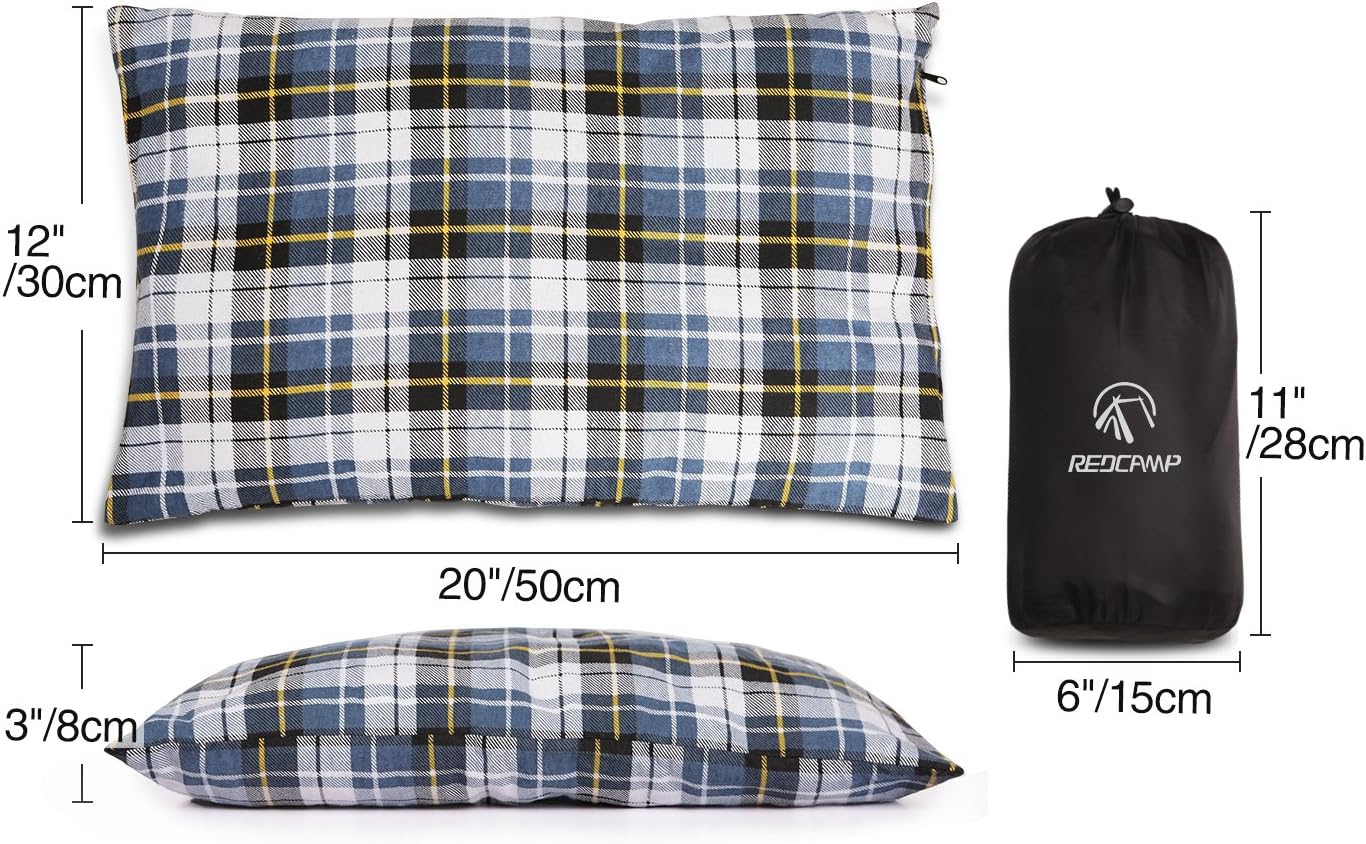 REDCAMP Small Camping Pillow Lightweight and Compressible, Flannel Travel Pillow with Removable Pillow Cover, 2 Pack