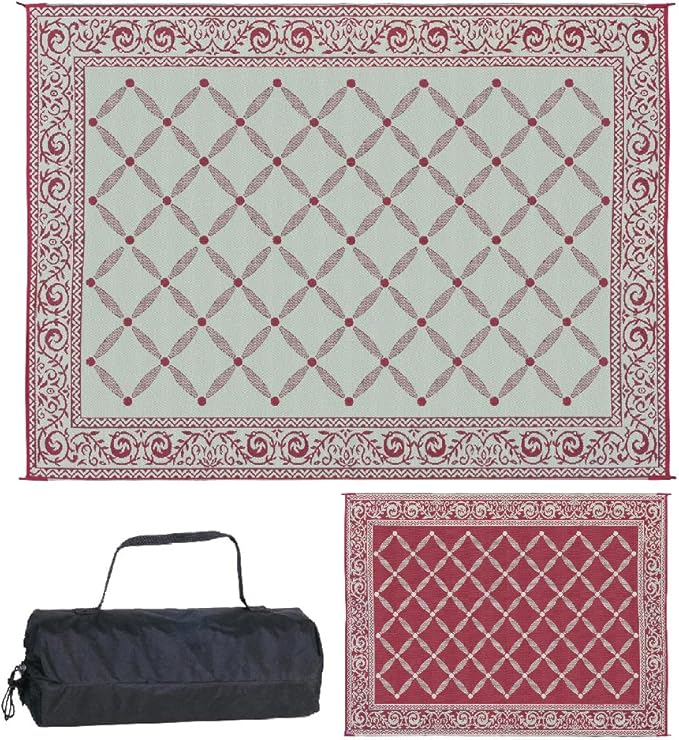 Stylish Camping 119125 9-feet by 12-feet Reversible Mat, Plastic Straw Rug, Large Floor Mat for Outdoors, RV, Patio, Backyard, Picnic, Beach, Camping (Burgundy/Beige)