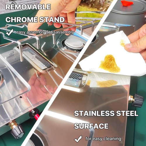 MOZODAWN 2 Burner Propane Camping Stove, 20400 BTU Portable Camp Stove Grill with Wind Guards, Bread Toast Tray, Push-Button Instant Ignition, Camping, Picnics, Backyard BBQ
