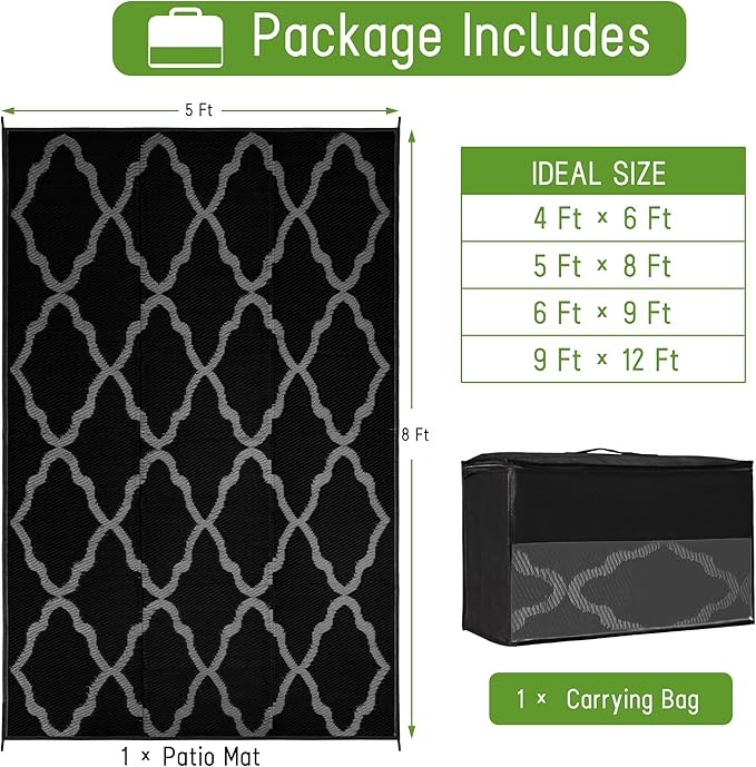 Easy-Going Reversible Outdoor Rugs 5x8ft Waterproof Plastic Straw Rug Stain & UV Resistant Floor Mat for Patio Porch RV Backyard Pool Deck Picnic Beach Trailer Camping (Moroccan Black & Grey)