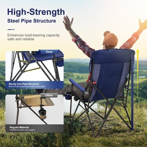LET'S CAMP Oversized Camping Chairs 29.52" High Back Heavy Duty Lawn Chair Support 500LBS, Portable Collapsible Chair with Cup Holder, Side Pocket(Blue)