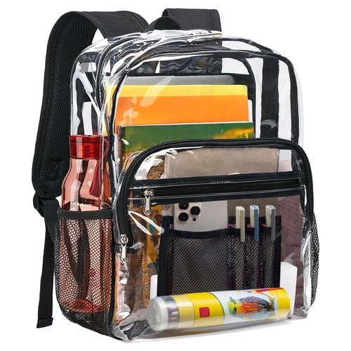 Vorspack Clear Backpack Heavy Duty - Clear Bookbag Large See Through Backpack Plastic Transparent Backpacks for College Work Travel - Black