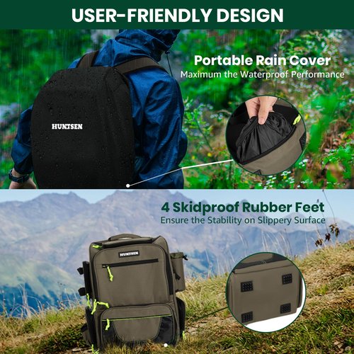 HUNTSEN Fishing Tackle Backpack - 43L Large Waterproof Fishing Bag with Rod Holders & 3 Tackle Boxes - Fish Tackle Storage Bag with Rain Cover Fishing Gear and Gifts For Men For Fishing Camping Hiking