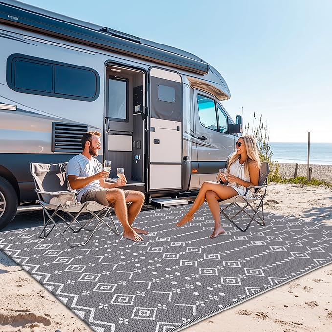 StepRite 8’ x 10’ Reversible Outdoor Rug, Waterproof Plastic Straw Rug, Patio Rug, Large Modern Area Rug Carpet, Indoor Outdoor Rugs for Camping, Porch, Deck, Balcony, Backyard, RV, Picnic(Grey)