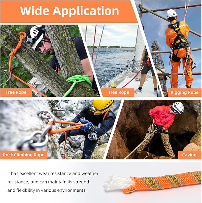 Climbing Rope, 1/2 Inch x 150 Feet Double Braided Arborist Rope Polyester for Outdoor, Climbing, Hiking, Swing, Tree Work, Halyard, Sailing etc(Orange)