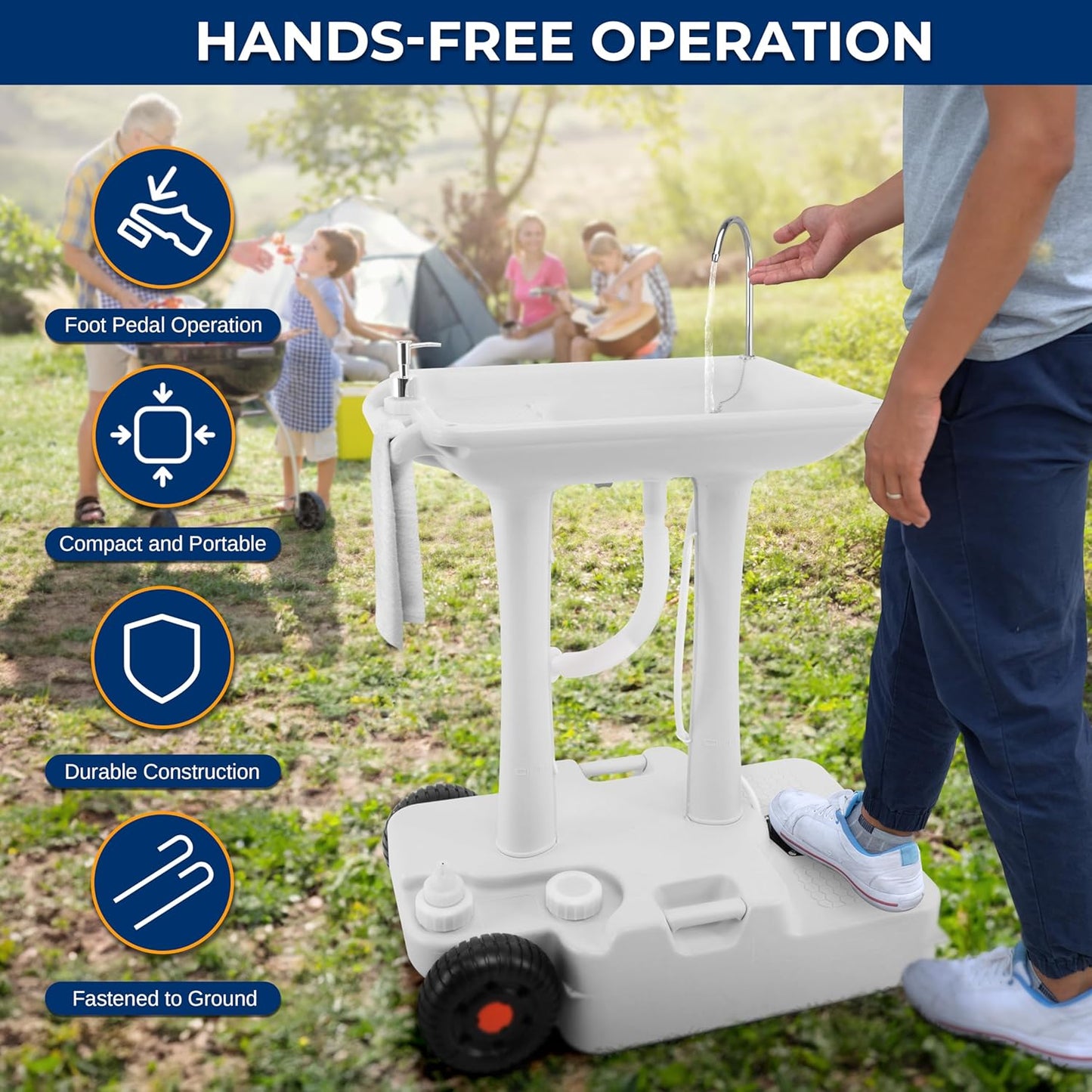 SereneLife Portable Camping Sink with 19L (5+ Gallon) Water Tank, Hands-Free Foot Pump, Soap Dispenser & Towel Holder, Compact Design with Carry Handle – Perfect for Camping, Worksites, Outdoors