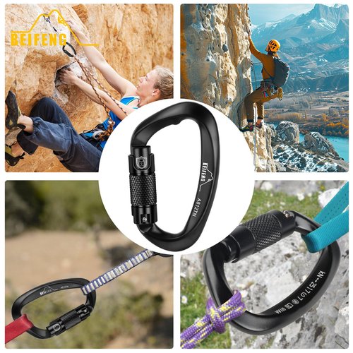 BEIFENG Auto Locking Climbing Carabiner, 25KN Black Twist Lock Heavy Duty Carabiner, UIAA Certified D-Type Large Suitable for Climbing, Rappelling, Rescue, Hammock, Swing etc
