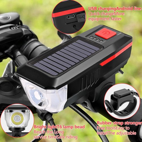 Bike Horn Headlight Solar/USB Dual Charging Bike Horn Light High Brightness Bike Headlight Waterproof Bike Horn Light Ideal for Mountain and Road Night Riding Essential Gear for Night Cycling (Red)