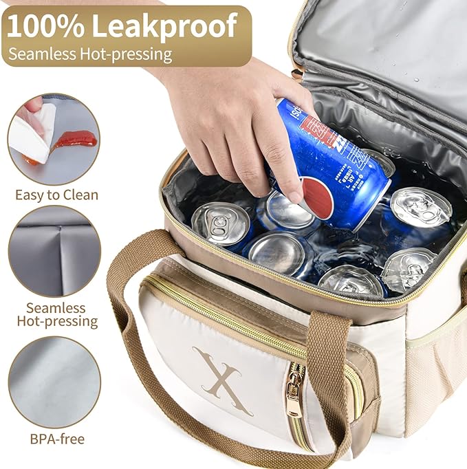 LOKASS Personalized Lunch Bag for Women Work, 16L Initial Insulated Lunch box for Adult/Womens Gift, Leakproof Personalized Gift Lunchbag with Adjustable Shoulder Strap, Cooler Bag Beige - D