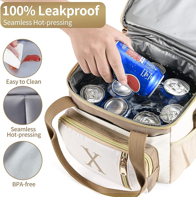 LOKASS Personalized Lunch Bag for Women Work, 16L Initial Insulated Lunch box for Adult/Womens Gift, Leakproof Personalized Gift Lunchbag with Adjustable Shoulder Strap, Cooler Bag Beige - X