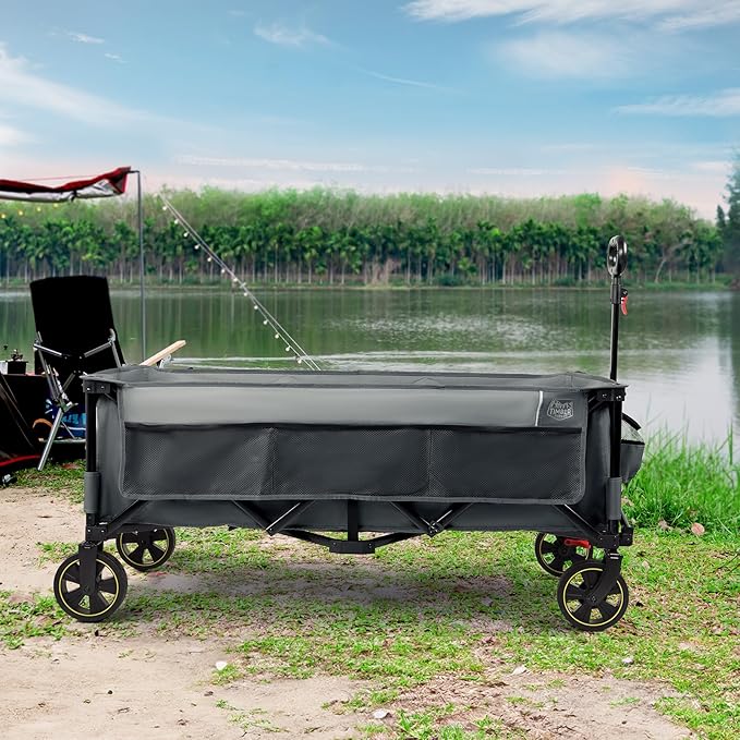 TIMBER RIDGE 51.2'' Extended Collapsible Wagon Cart with Brakes and Cargo Net, 350LBS Heavy Duty Foldable Utility Wagon with Adjustable Handle, 400L Capacity Portable Cart for Camping Sports Shopping