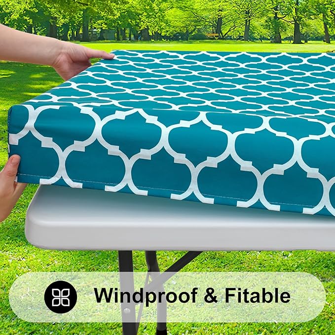 Smiry Rectangle Picnic Table Cover, Waterproof Elastic Fitted Camping Tablecloths for 8 Foot Tables, Wipeable Flannel Backed Vinyl Tablecloth Protector for Indoor, Outdoor (Turquoise, 36x96 Inches)