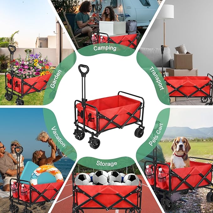 Wagons Carts Foldable, 330LBS Beach Wagon Collapsible with All-Terrain Wheels Portable Utility Folding Cart for Beach/Grocery/Garden/Fishing/Camping/Shopping/Outdoor/Travel, Red