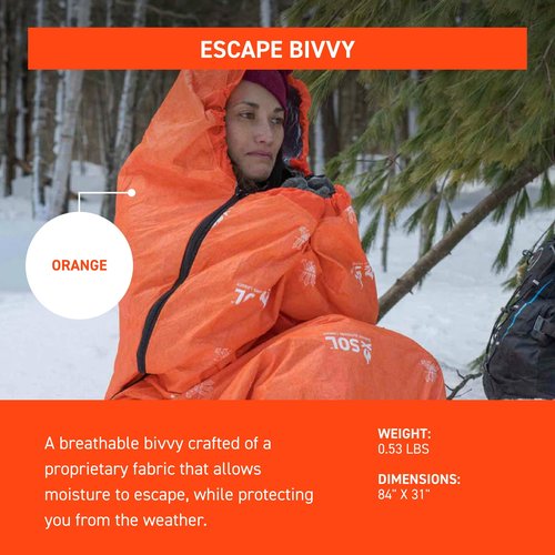 S.O.L. Survive Outdoors Longer SOL Escape Bivvy with Hood - Orange, 60 GSM
