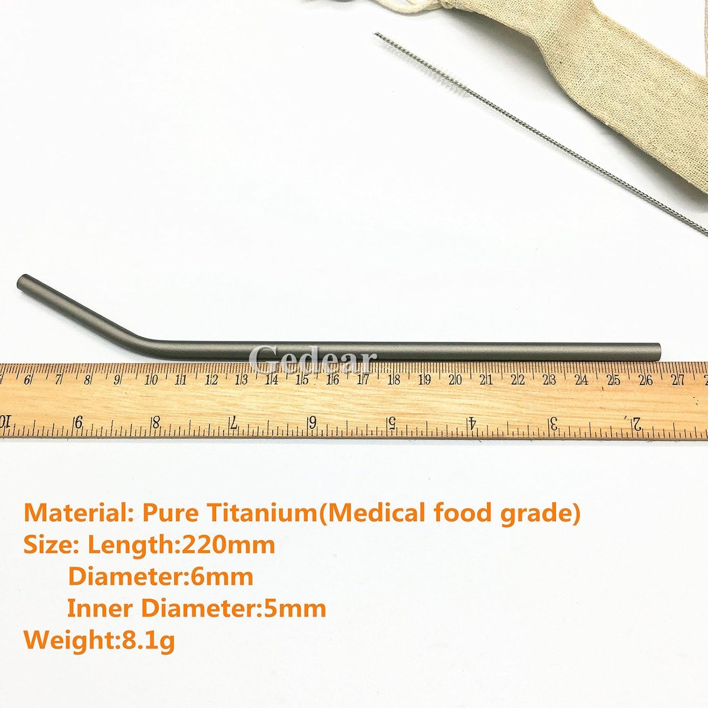 Titanium Straw Ti Survival Camping Hiking Outdoor Drinking Straw With Cleaning Brush and Pouch (Bended Straw)
