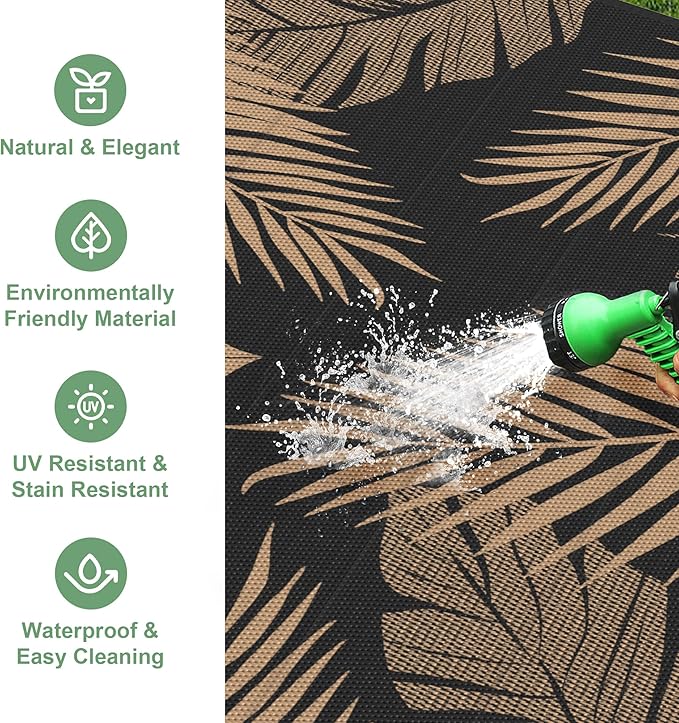 Outdoor Rug 4' x 6' for Patio Waterproof Clearance, Reversible Indoor Outdoor Plastic Straw Camping Rug Carpet, RV Mat, Large Area Rug for Deck, Backyard, Balcony, Porch, Beach, Black and Brown