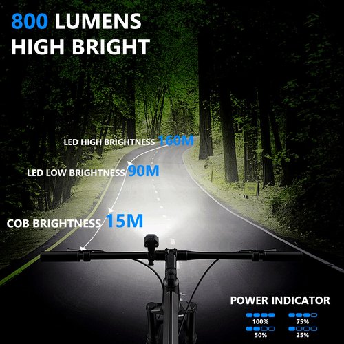 Bike Light, 800 Lumen Rechargeable Bicycle Lights with Spot and Flood Light, 5 Modes, IPX4 Waterproof, Super Bright Bike Headlight with White & Red Light for Men Women Night Riding, Mountain and Road