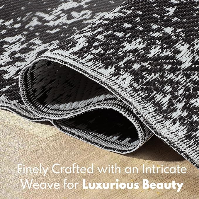 Waterproof Outdoor Rug 9x12 ft, Reversible Plastic Straw Rug, Easy to Clean Patio Rug, Portable Carpet for Patio, RV, Deck, Balcony, Backyard, Picnic, Beach, Mosaic, Gray