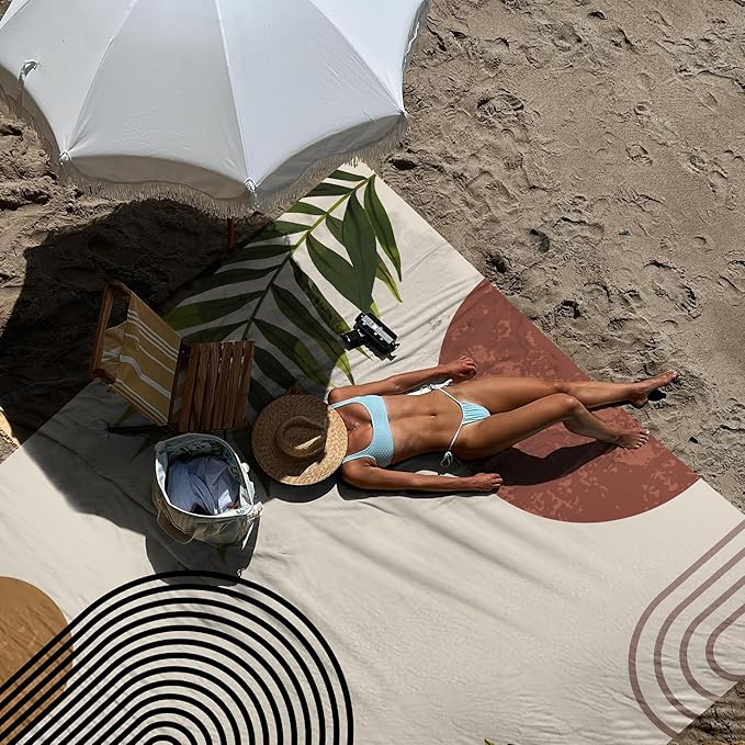 Bohemian Beach Blanket, 78''×86'' Large Waterproof Sandproof Beach Picnic Blanket 4 Adults, Polyester Lightweight Compact Sand Free Beach Mat w/ 4 Stakes for Travel, Camping, Hiking - Rainbow Leaves