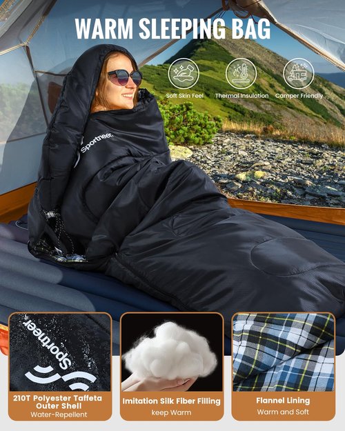 Sportneer Sleeping Bags for Adults, 0 Degree Sleeping Bag XL Flannel Winter Cold Weather Sleeping Bag with Detachable Hood Compression Sack for Camping, Backpacking, Hiking