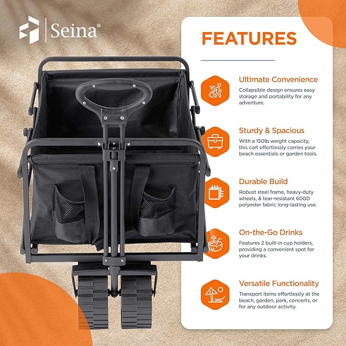 Seina 150 Pound Capacity Heavy Duty Steel Frame Collapsible Folding Outdoor Portable Utility Cart Wagon with All Terrain Plastic Wheels, Black