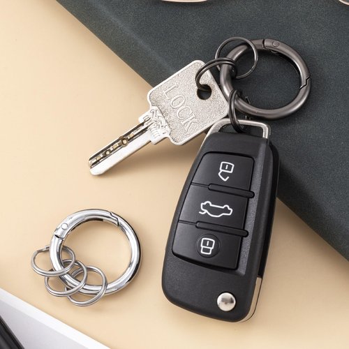 Mxxipp 2pcs Spring O Ring with Key Rings, Alloy Round Spring Keychain Clips, Small Circle Carabiner Snap Hook Replacement for Purse Bag DIY Crafts- Black & Gray