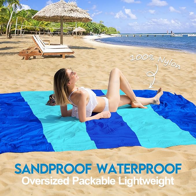 BYDOLL Nylon Beach Blanket Waterproof Sandproof 78''x110'' Suits 1-7 Adults Oversized Sand Free Extra Large Blanket Lightweight Soft Picnic Mat for Beach Essentials