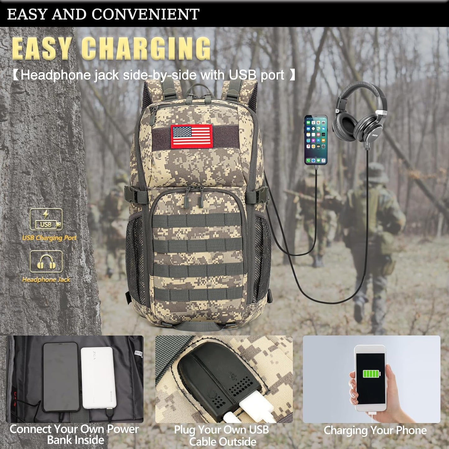 outdoor plus Camo Backpack,Military Boys Backpacks for School,40L Army Bookbag with USB Charging Port Waterproof