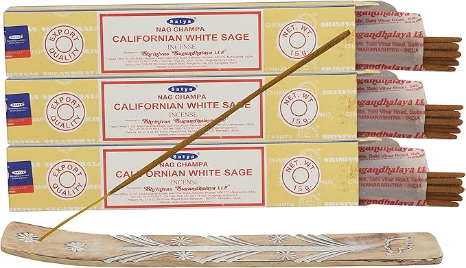 Satya White sage Incense Sticks, Satya sai Baba Insenses 15gmx3 (45 gm) Pack with Raajsee Incense Holder Bundle, Satya Nag Champa Natural Incense