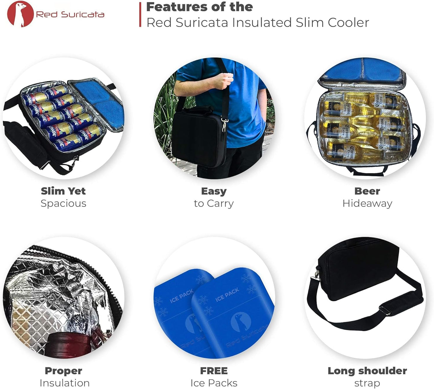 Red Suricata Insulated Slim Cooler – Ultra Thin, Flat Mini Small Cooler Lunch Bag Fits 10 Drink Cans - 2 Slim Reusable Ice Packs Included - Small Iceless Golf Cart Bag for Beer (Black)
