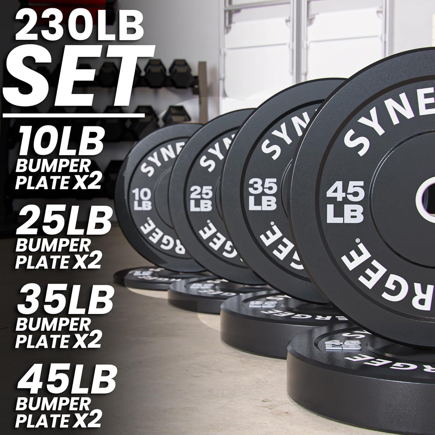Synergee Bumper Plates – Durable Olympic Weight Plates, Low-Bounce Rubber for Strength Training, Powerlifting, and Functional Workouts.