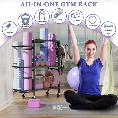 Home Gym Storage Rack, 3 Tier Yoga Mat Storage Rack with Wheel for Yoga Lover, Exercise Equipment and Workout Equipment Organizer, Yoga Mat Holder for Yoga Mats, Foam Roller and Dumbbells(Black)