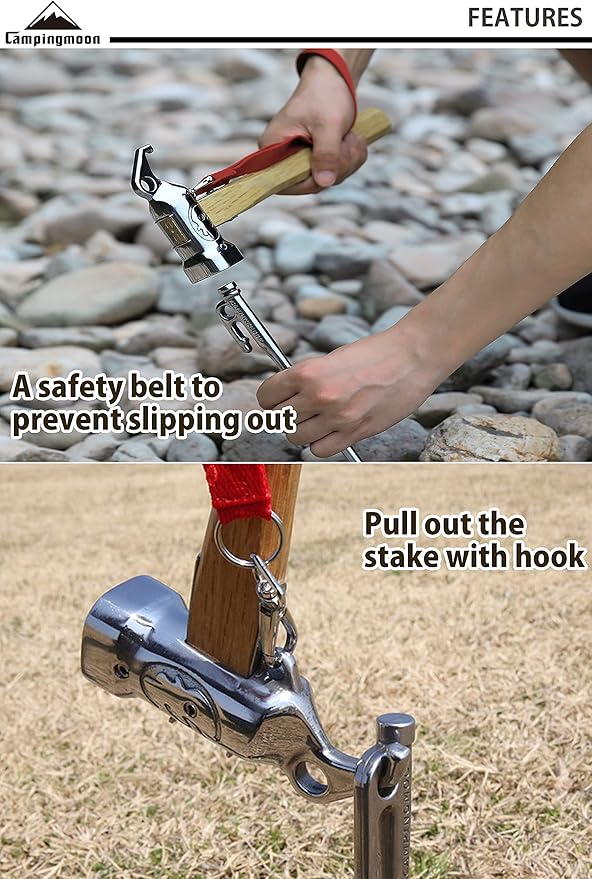 CAMPINGMOON Camping Hammer Peg Tent Stake Hammer Stainless Steel Head Wood Hand with Tent Tarp Stake Remover C6