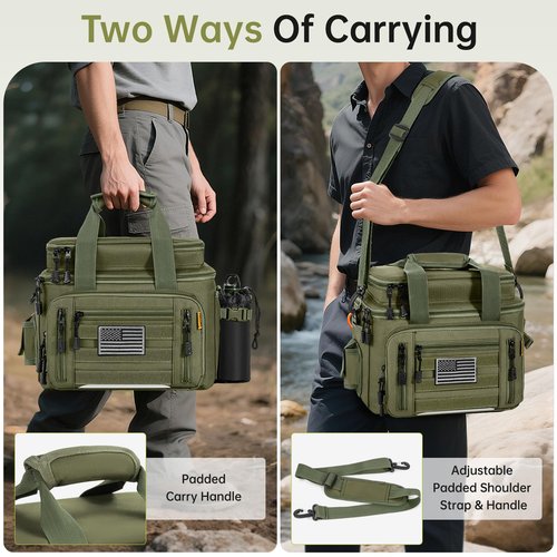 FREEAMG Fishing Tackle Bags - Saltwater & Freshwater Fishing Bag - Padded Shoulder Strap Fishing Bags - Gear Storage for Tackle Box (Green) (Does not come with box)
