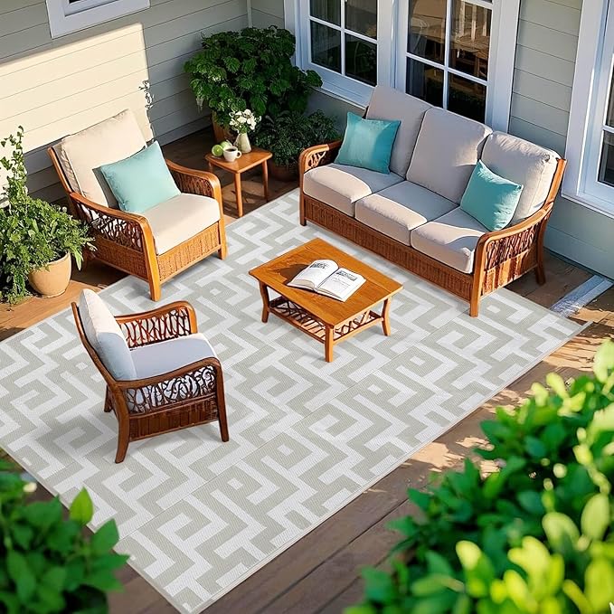 Outdoor Patio Plastic Straw Rug - 4'x6' Outdoor Camping Rug Waterproof Reversible, Area Carpet Patios Clearance RV, Outside Porch Balcony Deck for Camper, Grey & White