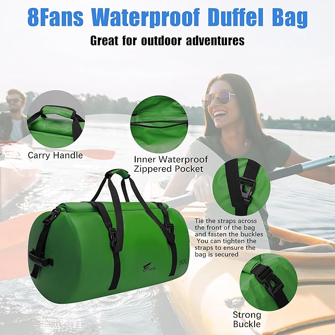 8 Fans Extra Large Waterproof Duffle Bag,Heavy Duty Travel Dry Bag with Durable Straps & Handles, Ideal for Kayaking,Paddleboarding,Boating,Rafting,and Fishing (Green, 90L)