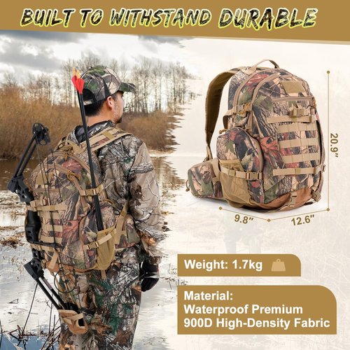 MOPHOTO 900D Waterproof Hunting Backpack for Men, 35L Large Durable Hunting Day Pack with Bow/Rifle Holder，Camo Hunting Pack with Rain Cover and Multiple Organized Pockets