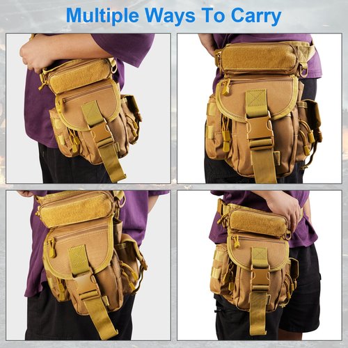 KOZEVARNY Leg Bag for Men Women Motorcycle Leg Bags Outdoor Waterproof Tactical Fanny Pack Travel Thigh Bag for Hiking Climbing Cycling Fishing Riding with Water Bottle Pouch (Khaki)