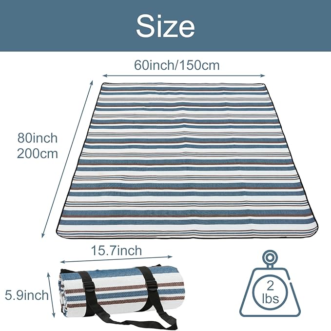 Outdoor Picnic Blanket with Bag, 60'' x 80'' Comfortable Picnic Mat for Should Strap, Foldable Outdoor Blanket for Park Beach Travel Camping Yard Outdoor Concerts (Stripe)