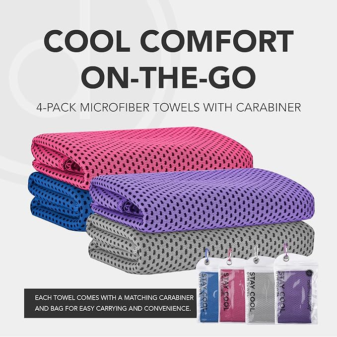 Microfiber Cooling Towels for Neck and Face - 4 Pack 40x12” Mesh Quick Dry Gym Towels for Working Out with Waterproof Bag and Carabiner - Sweat Rag for Gym, Sports, Outdoor Activities