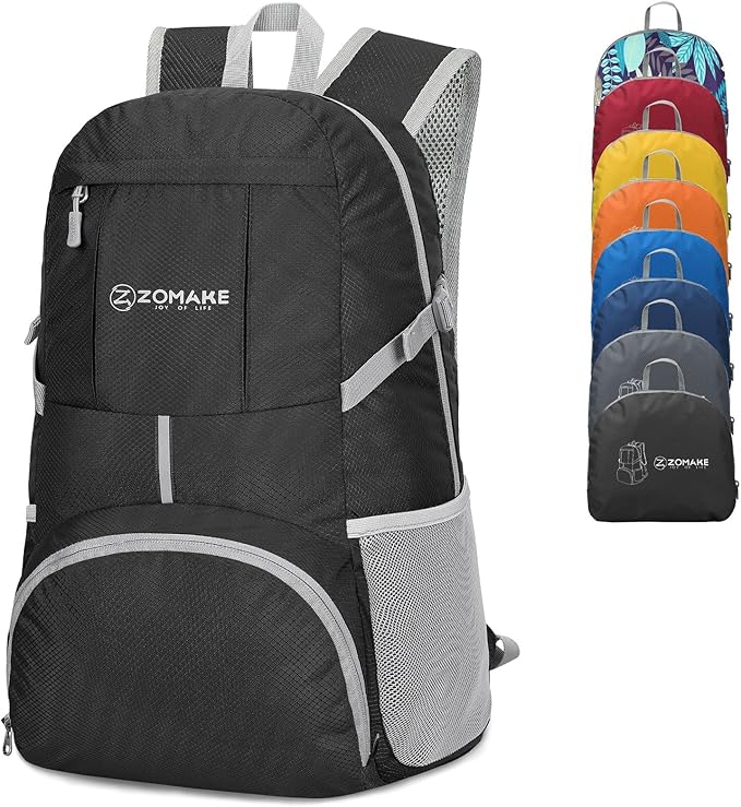 ZOMAKE Lightweight Packable Backpack 35L, Light Foldable Backpacks Water Resistant Collapsible Hiking Bag, Compact Folding Day Pack for Travel Camping(Black)