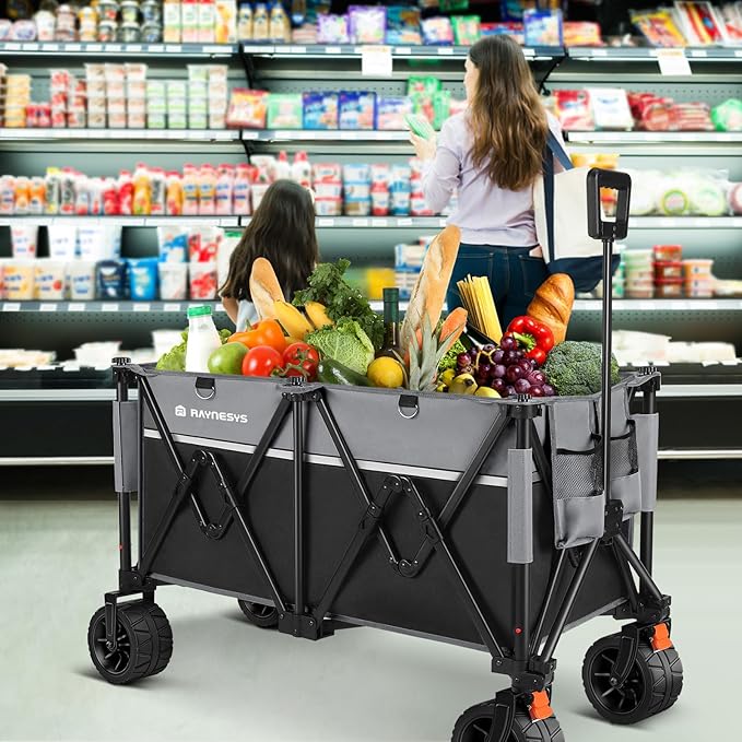 Collapsible Foldable Wagons, 440 lbs Weight Capacity Beach Wagon with Big All-Terrain Wheels, Heavy Duty Foldable Wagon,Utility Carts for Outdoor, Sports, Shopping, Camping, Black & Gray