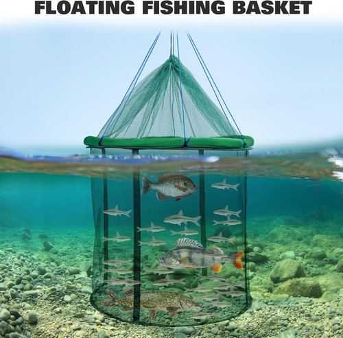 QualyQualy Extra Large Floating Fish Basket for Live Well, Fully Foldable Fishing Net Holder Collapsible Mesh Fishing Holder Cage for Caught Fish Bucket