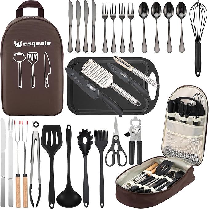 Camping Cooking Essentials Utensils Set - Camp Cookware Kitchen Accessories Kit, Camper Gear Must Haves, Stainless Steel & Silicone, RV Car Portable Outdoor Equipment Tool